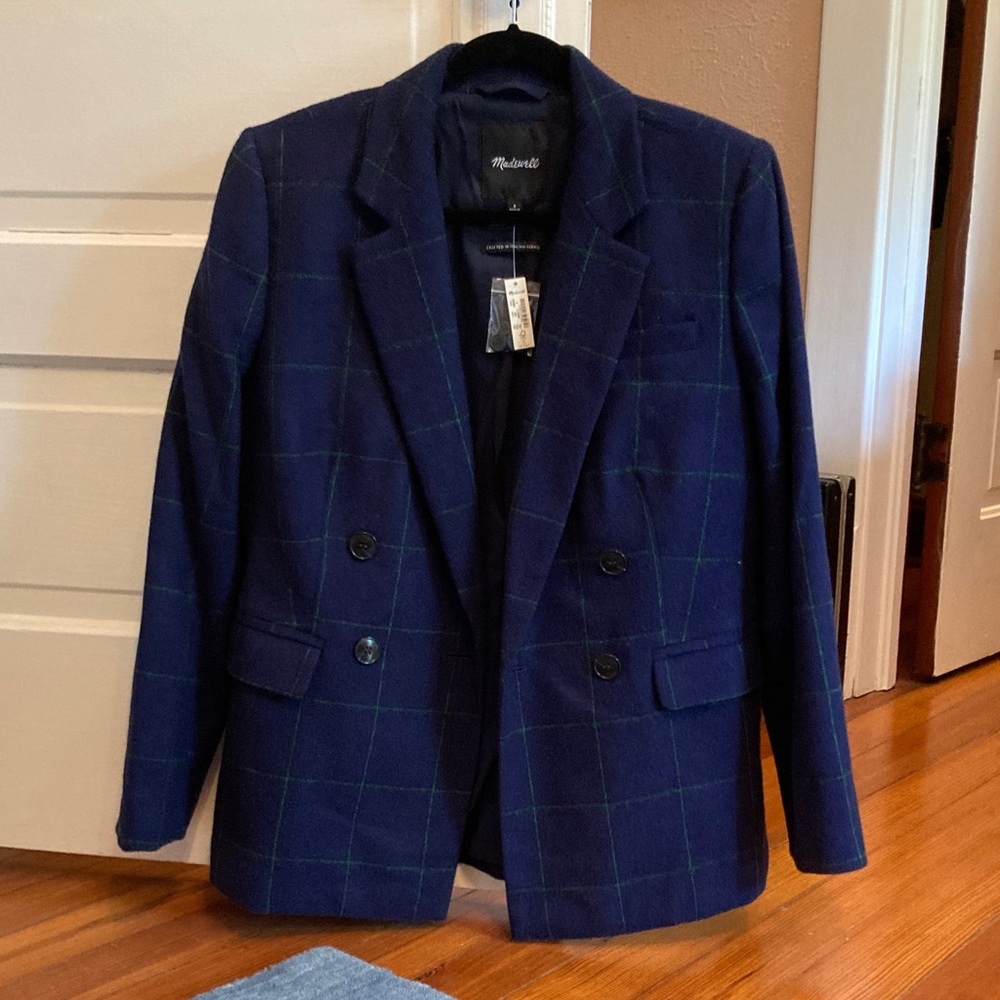 Madewell Blue Checkered Double-Breasted Blazer